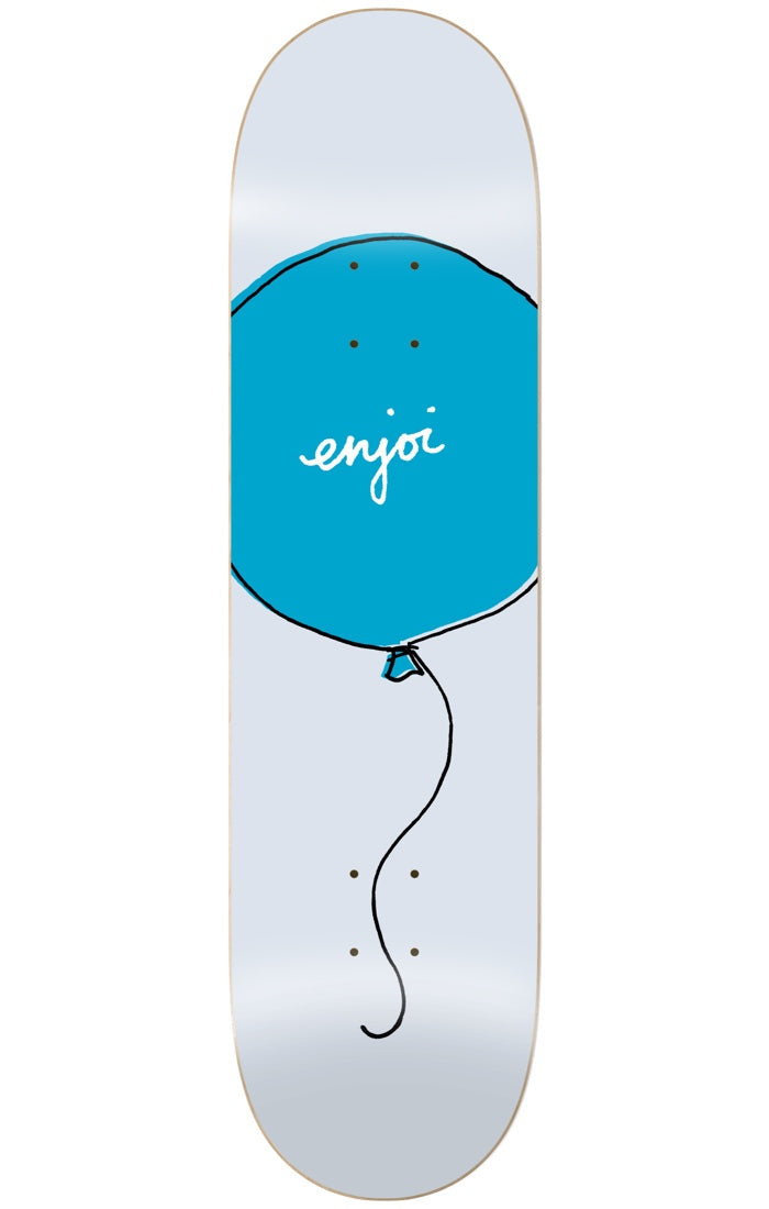Enjoi float HYB 8.5 skateboard deck: Pale grey deck with a large hand-drawn blue balloon with a black outline and a wavy string trailing toward the tail. The enjoi name is written in white script on the balloon.