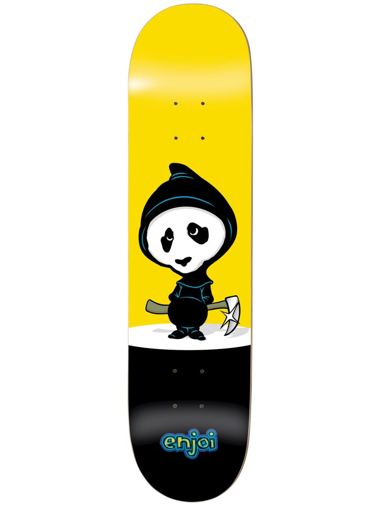 Enjoi Creeper HYB 7.5 Yellow skateboard deck: Cartoon panda in a black hood holding a pickaxe, standing on a white patch, on a yellow upper half over a black lower half, with the enjoi logo at the tail.