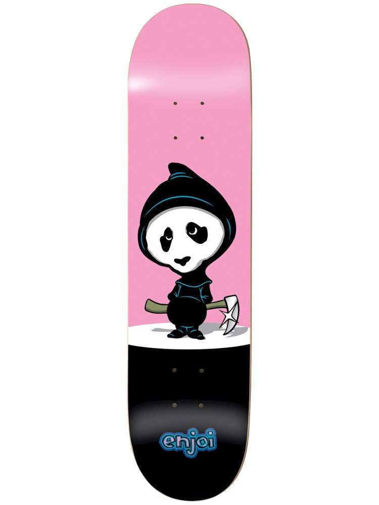 Enjoi Creeper HYB 8.0 Pink skateboard deck: Cartoon panda in a black hood holding a small axe, standing on a white spot over a pink top half and black lower half, with a blue enjoi logo at the tail.