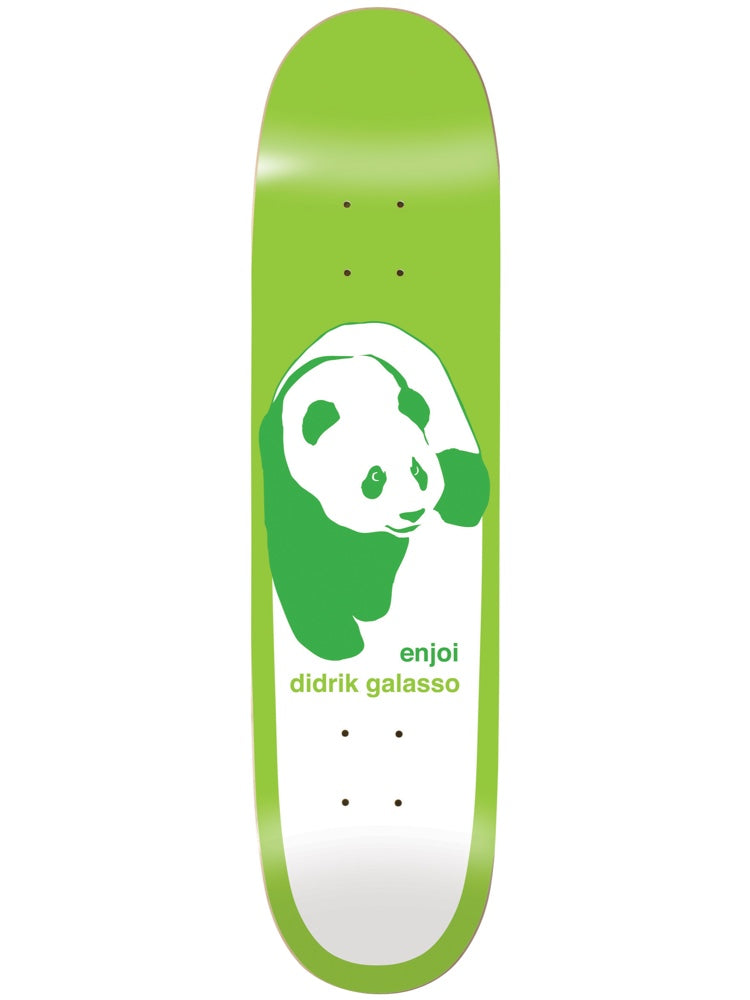 Enjoi Deedz Classic Panda Super Sap R7 8.375 & 9.0 skateboard deck: A large green and white panda silhouette on a white panel inside a bright green deck, with the Enjoi name and rider name printed beneath in green.