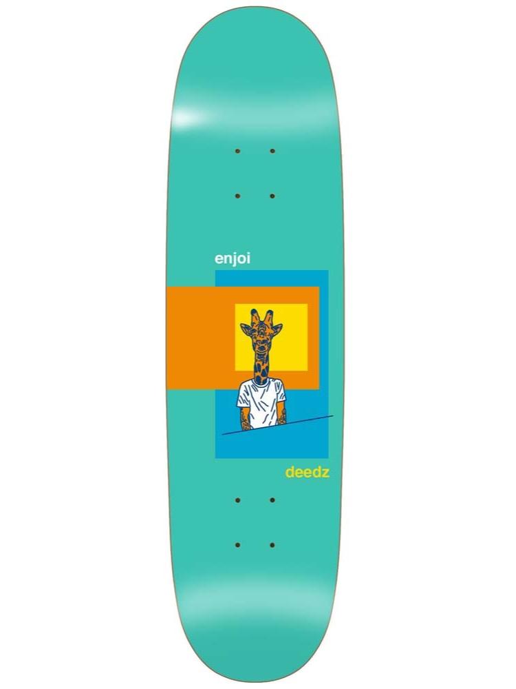 Enjoi deedz skart shaped skateboard deck: A giraffe-headed person in a white t-shirt sits against overlapping yellow, blue and orange rectangles on a turquoise deck, with enjoi and deedz in small lettering.