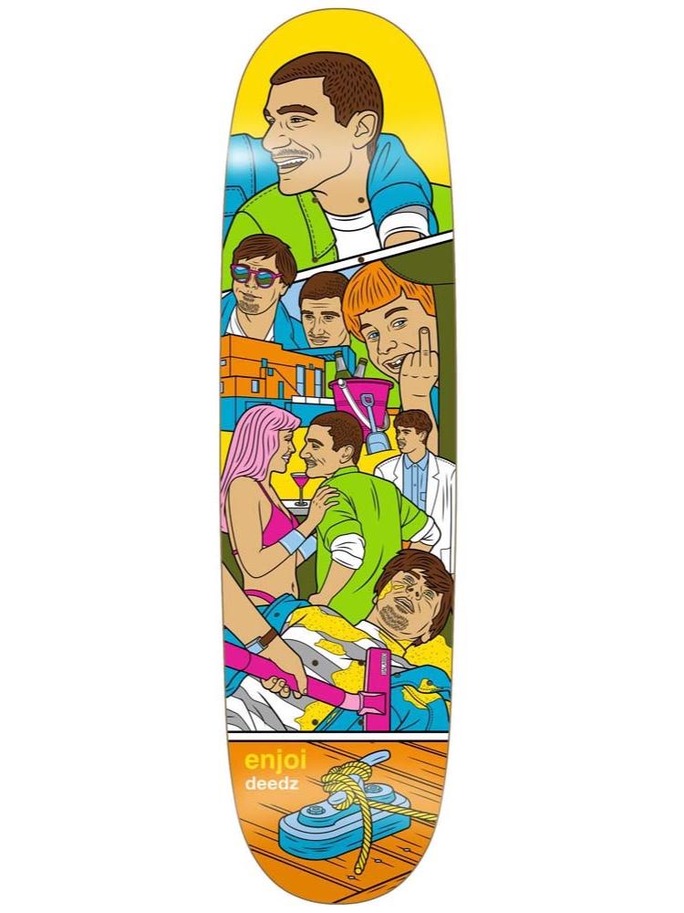 Enjoi deedz weekend at louies shaped skateboard deck: Comic-style montage of men in pastel suits, a pink-haired woman, a bar scene and a slumped man in a blue jacket, with a rope-tied cleat at the bottom. Bright flat colours throughout.