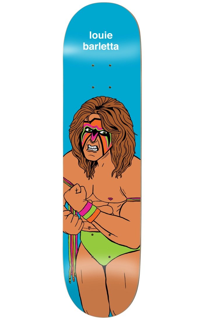 Enjoi barletta body slam skateboard deck: A cartoon wrestler with long brown hair, face paint and neon wristbands, wearing a green brief and gripping ring ropes, on a bright blue deck. White name text at the top.