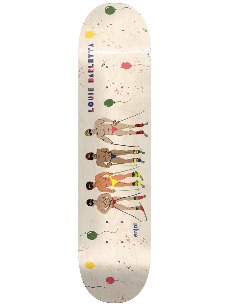 Enjoi barletta over board skateboard deck: Natural wood deck with four muscular men in swimming briefs, sunglasses and ski boots standing in a row holding ski poles, among party balloons and confetti. Rider name in red and blue letters, with Enjoi logo.