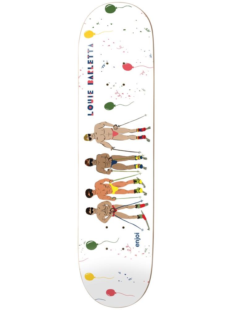 Enjoi barletta over board impact light skateboard deck: Four muscular men in swimwear, sunglasses and roller skates are lined up and holding ropes as if water-skiing, among balloons and confetti on a white deck. The rider's name is at the top, with a small enjoi logo at the tail.