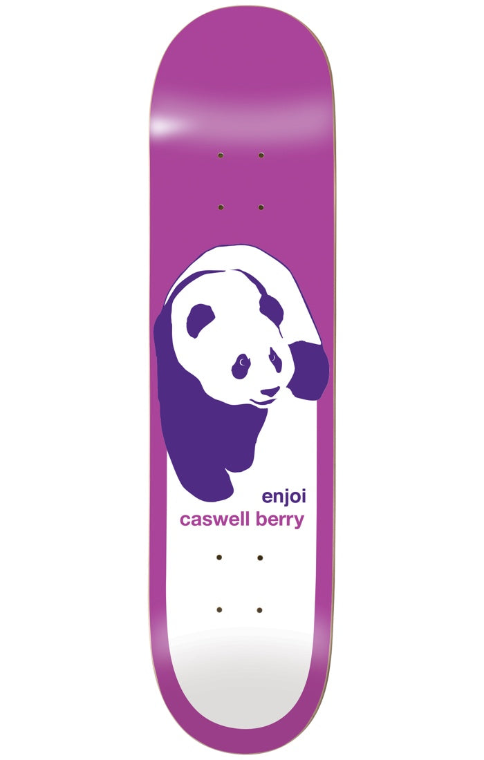 Enjoi berry classic panda happy trees R7 8.0 skateboard deck: A large white panda silhouette with purple shading sits on a white panel against a magenta-purple deck, with the brand and rider name in small type beneath it.