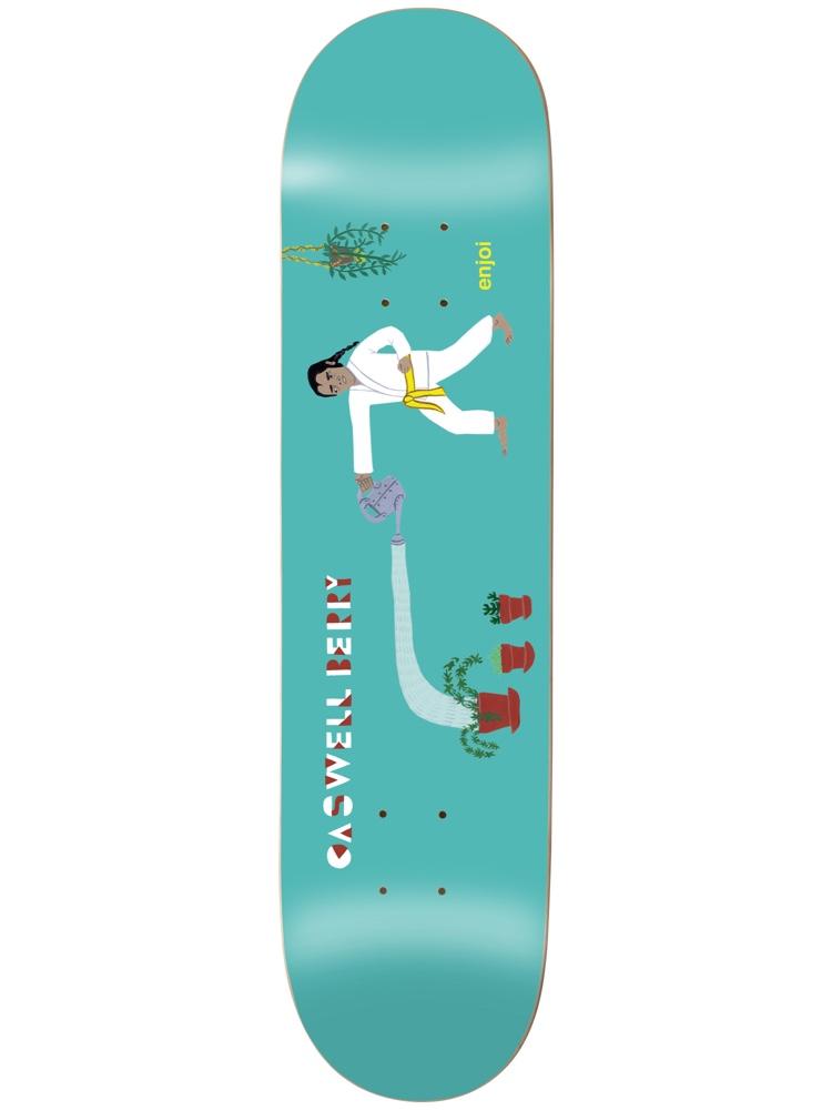 Enjoi berry over board impact light skateboard deck: Teal deck with an illustrated figure in a white karate outfit and yellow belt mid-kick, pouring from a watering can through a long hose onto red pots of plants. Rider name in red and white block letters.