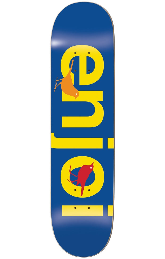 Enjoi Bird Watcher BLUE 8 skateboard deck: Large yellow lowercase brand lettering runs vertically up a navy ground. An orange bird perches on the first letter and a red bird sits inside the letter 'o'.