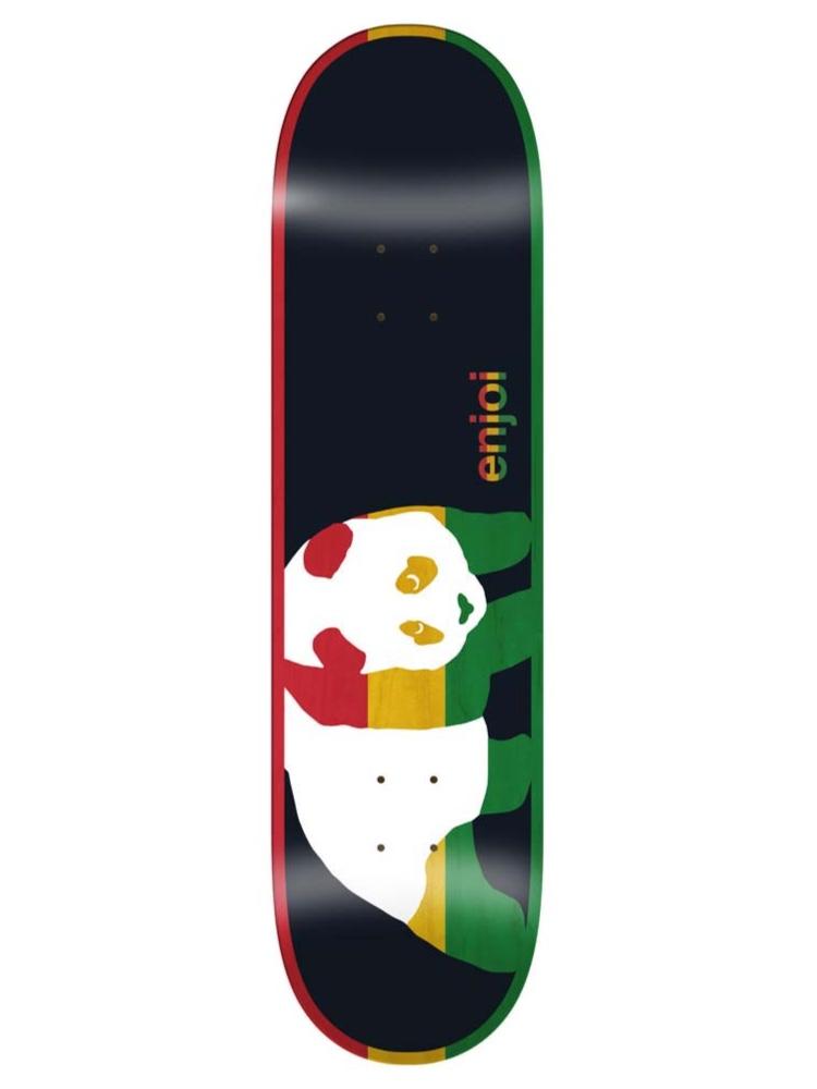 Enjoi Black Veneer R7 Black 8.375 skateboard deck: Black deck with the Enjoi panda drawn in Rasta stripes of red, yellow and green, and matching red and green stripes down the edges. Enjoi is written vertically above the panda.