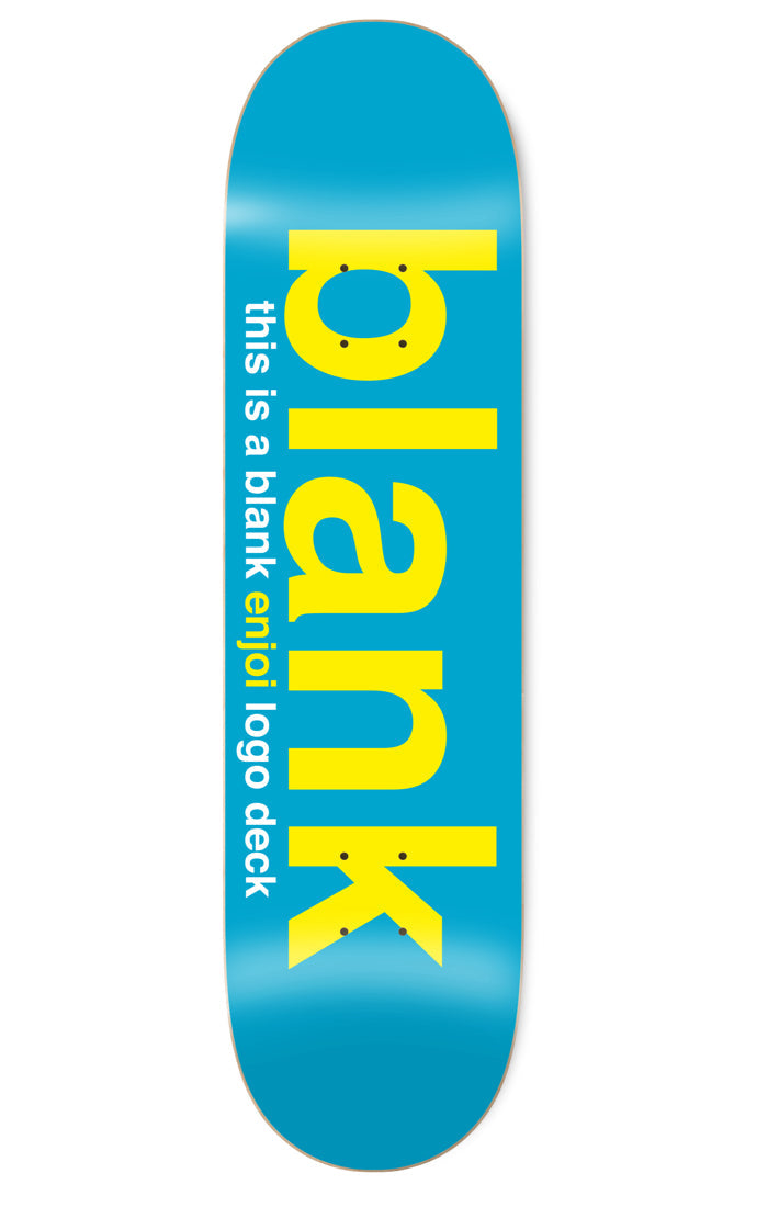 Enjoi Blank R7 8.25 skateboard deck: Large yellow lower-case 'blank' lettering on a bright blue deck, with white text beside it reading 'this is a blank enjoi logo deck'.