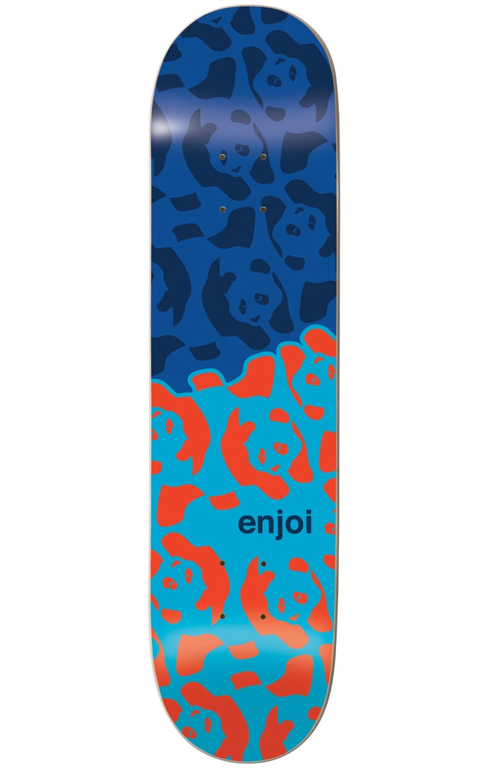 Enjoi Cornacopia BLUE 8.25 skateboard deck: Repeating pattern of enjoi panda heads in tone-on-tone navy on the top half and orange on light blue below, with the lowercase enjoi name in the middle.