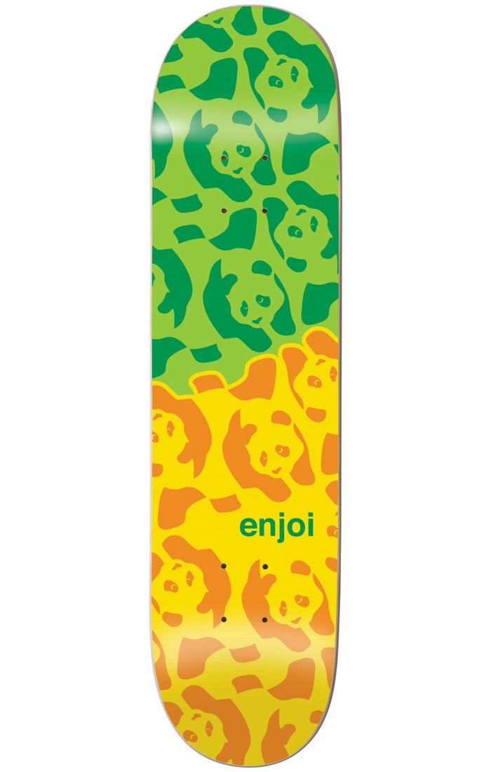Enjoi Cornacopia MULTI 8 skateboard deck: Repeating pattern of enjoi panda heads split across the deck, green on lime in the upper half and orange on yellow in the lower half, with a small green 'enjoi' wordmark.