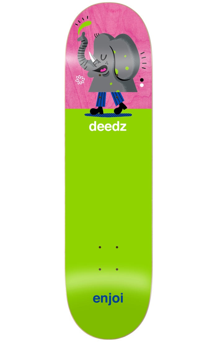 Enjoi deedz high waters R7 8.375 & 8.5 skateboard deck: A cartoon grey elephant in blue trousers and black boots stands upright on the pink top section, above a plain lime green lower half. Deedz in white type below the figure and the enjoi name in blue at the tail.