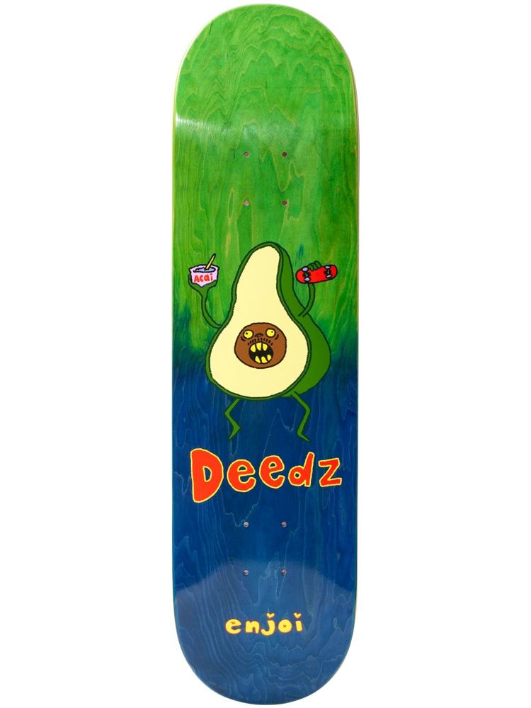 Enjoi deedz villani skateboard deck: Cartoon avocado half with a screaming brown stone face, holding a bowl of acai in one hand and a red fingerboard in the other, on a deck faded from green to blue. Hand-lettered Deedz and enjoi.