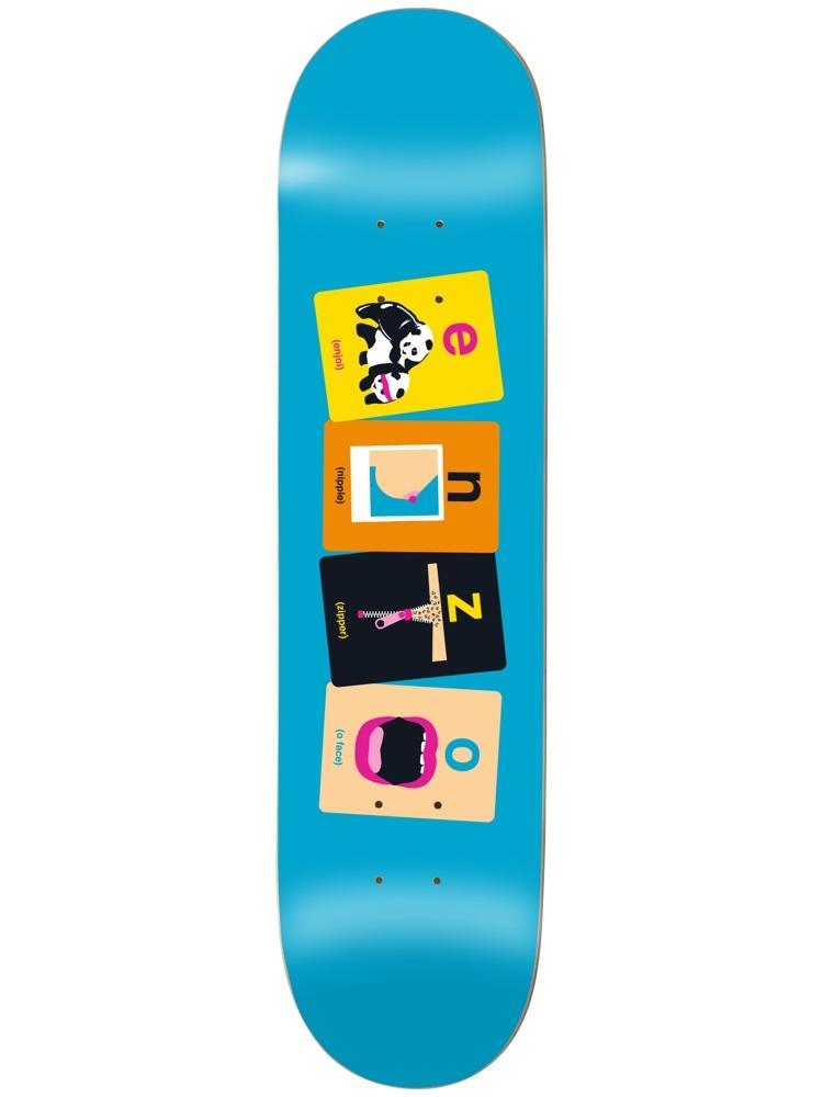 Enjoi Enzo Flashcards skateboard deck: Blue deck with four tilted flashcards in a column, each with a letter spelling ENZO and a flat illustration: two pandas, a nipple-like shape, a zipper on a figure, and a wide open mouth.