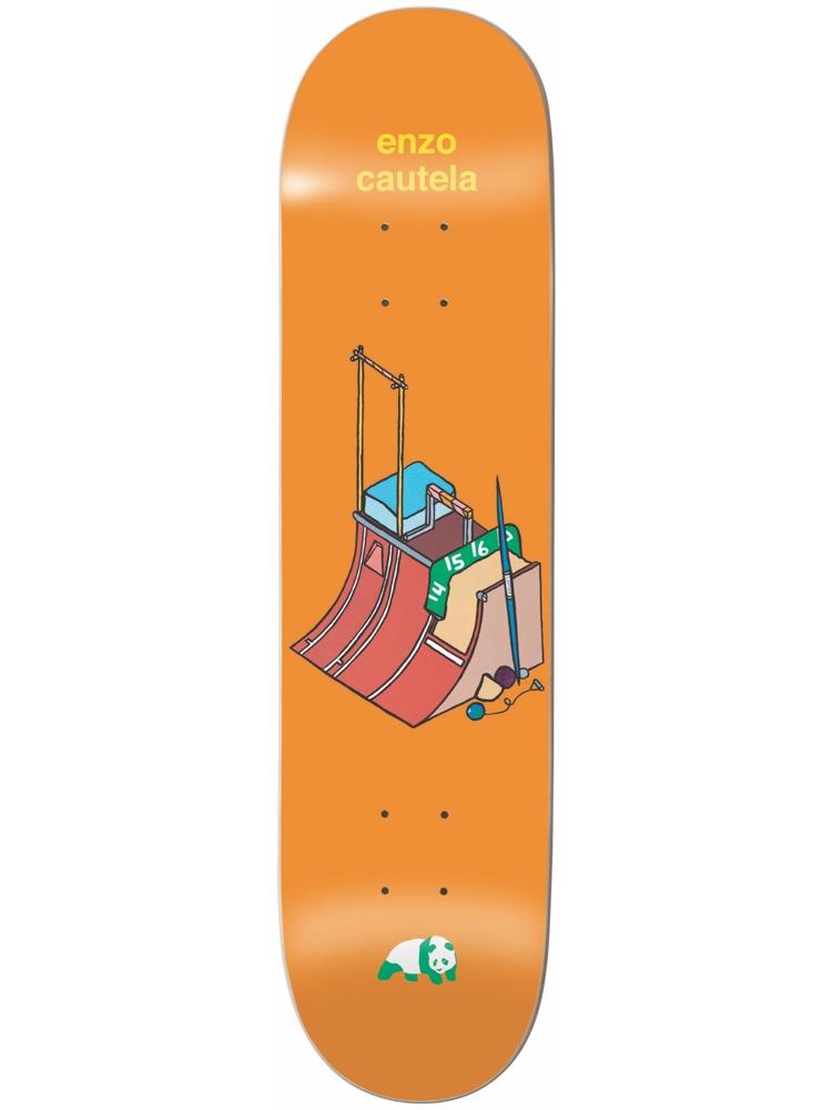 Enjoi Enzo Go for the Gold skateboard deck: Isometric drawing of a quarter-pipe ramp with a judges' chair on top, numbered scoreboard tiles reading 14, 15 and 16, a knitting needle and ball of yarn. Rider name at the top and panda logo at the bottom on orange.