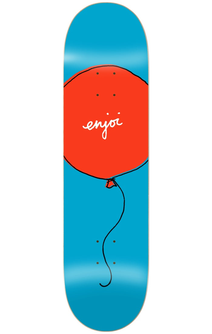 Enjoi float 8.0 skateboard deck: Bright blue deck with a large hand-drawn red balloon, outlined in black, with a long wavy string trailing down. The Enjoi name is written in white handwriting on the balloon.
