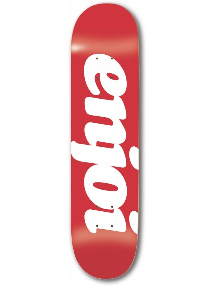 Enjoi Flocked Red skateboard deck: Large white rounded script enjoi logo running vertically up a flat red deck.