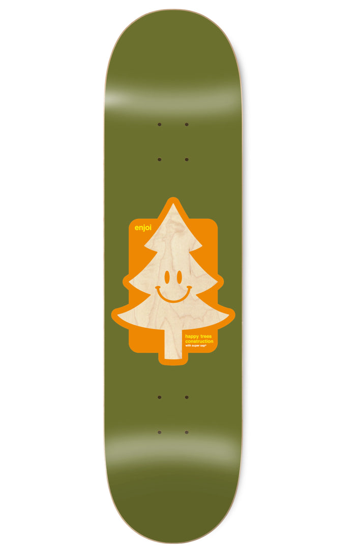 Enjoi Happy Tree Super Sap R7 8.5 skateboard deck: Smiling pine tree shape cut from bare wood grain, set on an orange rounded square in the middle of an olive green deck, with small yellow text.