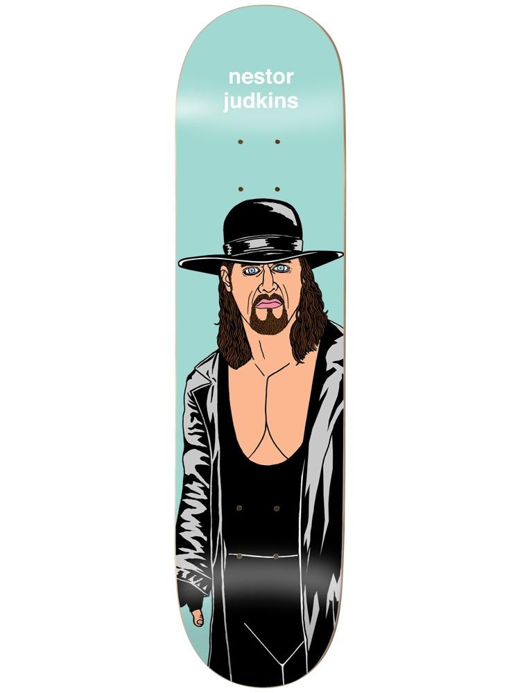 Enjoi judkins body slam skateboard deck: Cartoon portrait of a wrestler in a black wide-brimmed hat, long black coat and black vest, with long hair and a goatee, on a flat aqua background. Rider name printed at the top.