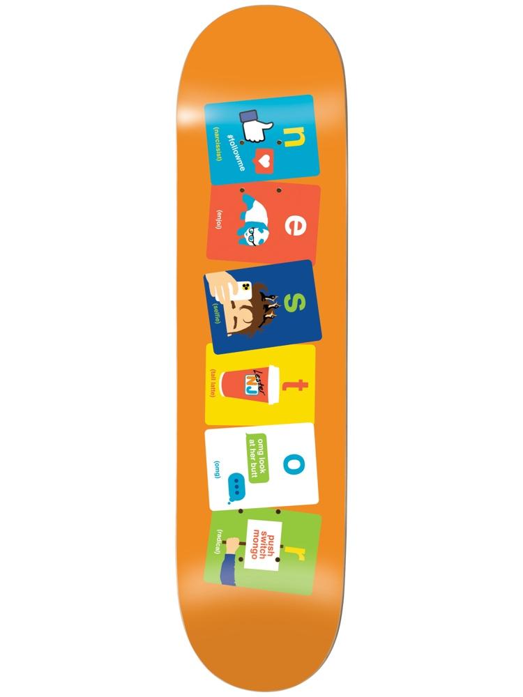 Enjoi Judkins Flashcards skateboard deck: Orange deck with six tilted flashcards down its length, each with a cartoon social media icon and a caption, spelling the word NESTOR one letter per card, with phrases like #followme and push switch mongo.