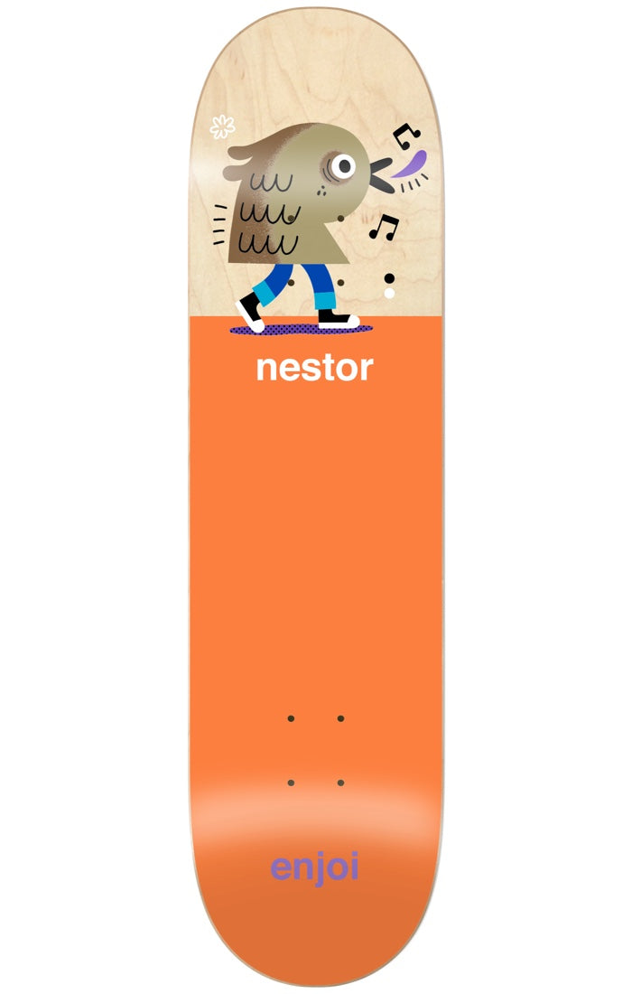 Enjoi judkins high waters R7 8.5 skateboard deck: Deck split between a natural wood top and orange lower half. A cartoon bird-headed character in blue trousers and black shoes walks along, singing music notes, with the name Nestor beneath and Enjoi in purple at the tail.