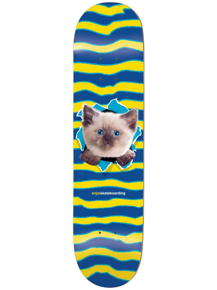 Enjoi Kitten Ripper HYB 8.25 skateboard deck: Photo of a Siamese-type kitten with blue eyes bursting through a torn hole in the deck, on wavy blue and yellow stripes with torn paper edges. 'enjoiskateboarding' printed below in small text.