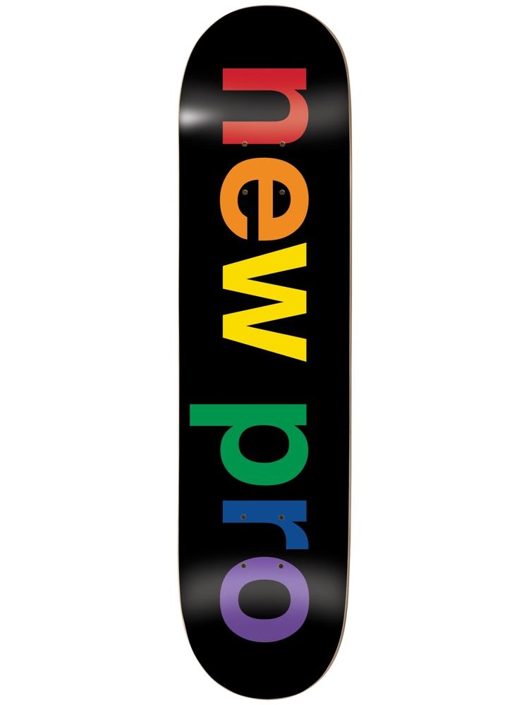 Enjoi New Pro Black skateboard deck: Plain black deck with the words 'new pro' in large lower-case sans-serif letters running down the length, each letter a different rainbow colour.