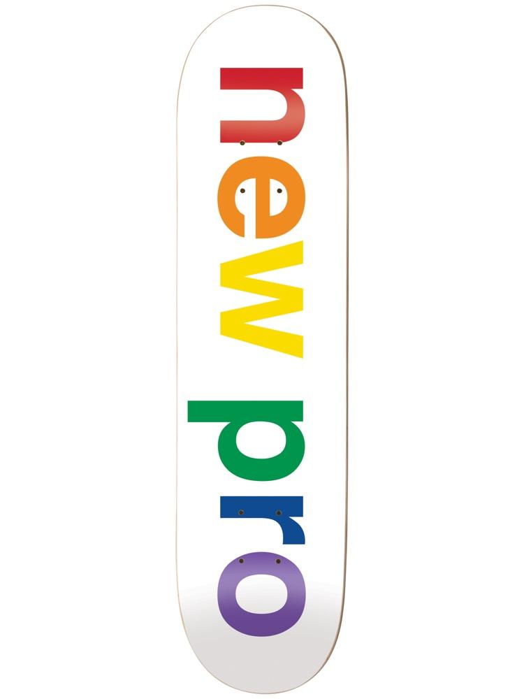 Enjoi New Pro White skateboard deck: The words new pro in large lower-case rainbow-coloured letters, each letter a different colour from red through to purple, running along the length of a white deck. Small faces are formed by the truck holes.
