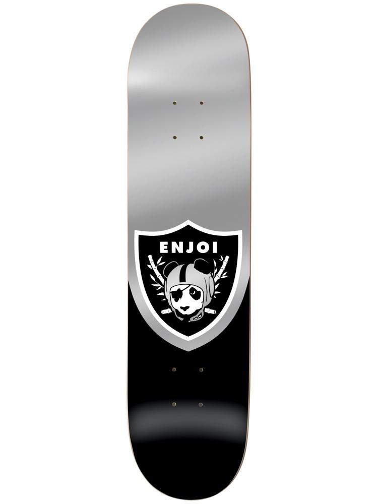 Enjoi Oaktown Black skateboard deck: Black and silver deck with a shield-shaped crest in the style of an American football team badge. It holds a panda face in a helmet with crossed bamboo stalks, with the brand name across the top of the shield.