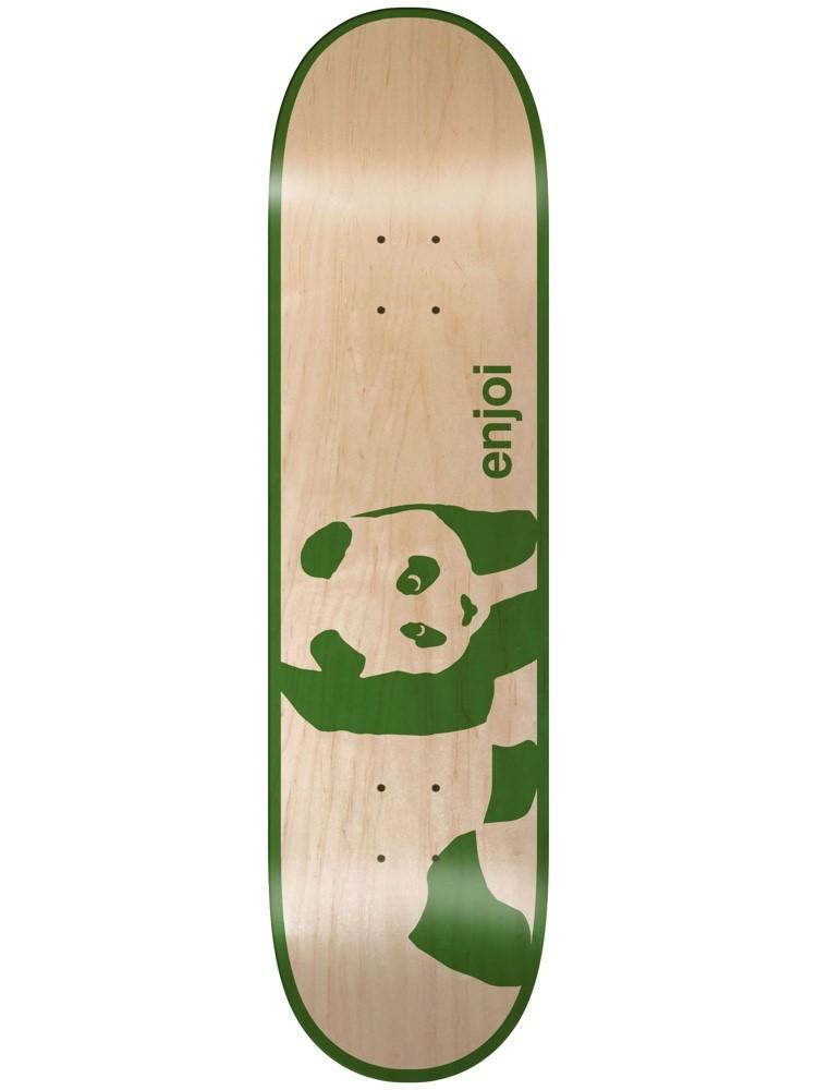 Enjoi panda logo super sap 8.5 skateboard deck: Green enjoi panda logo, a stylised panda with its head turned towards the viewer, on a natural maple deck with a green border and 'enjoi' in small lowercase letters beside it.