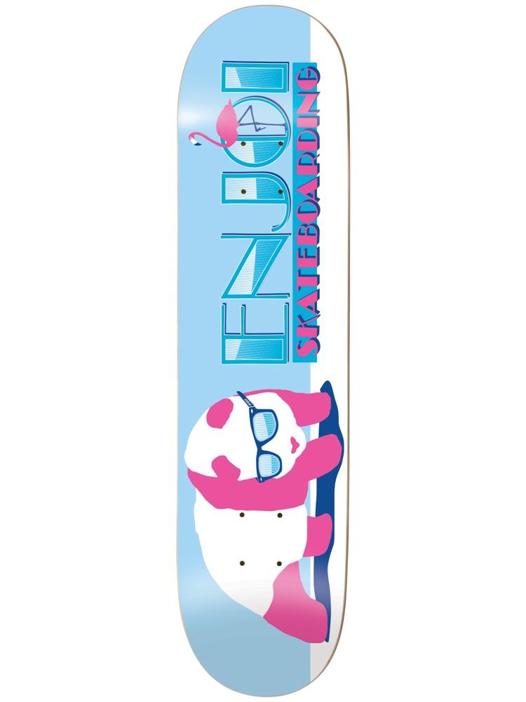 Enjoi Panda Vice Blue skateboard deck: Light blue and white deck in a retro Miami Vice style, with enjoi in a deco-style cyan outline above Skateboarding in pink. A pink and white panda wearing sunglasses and a pink flamingo are below and above.