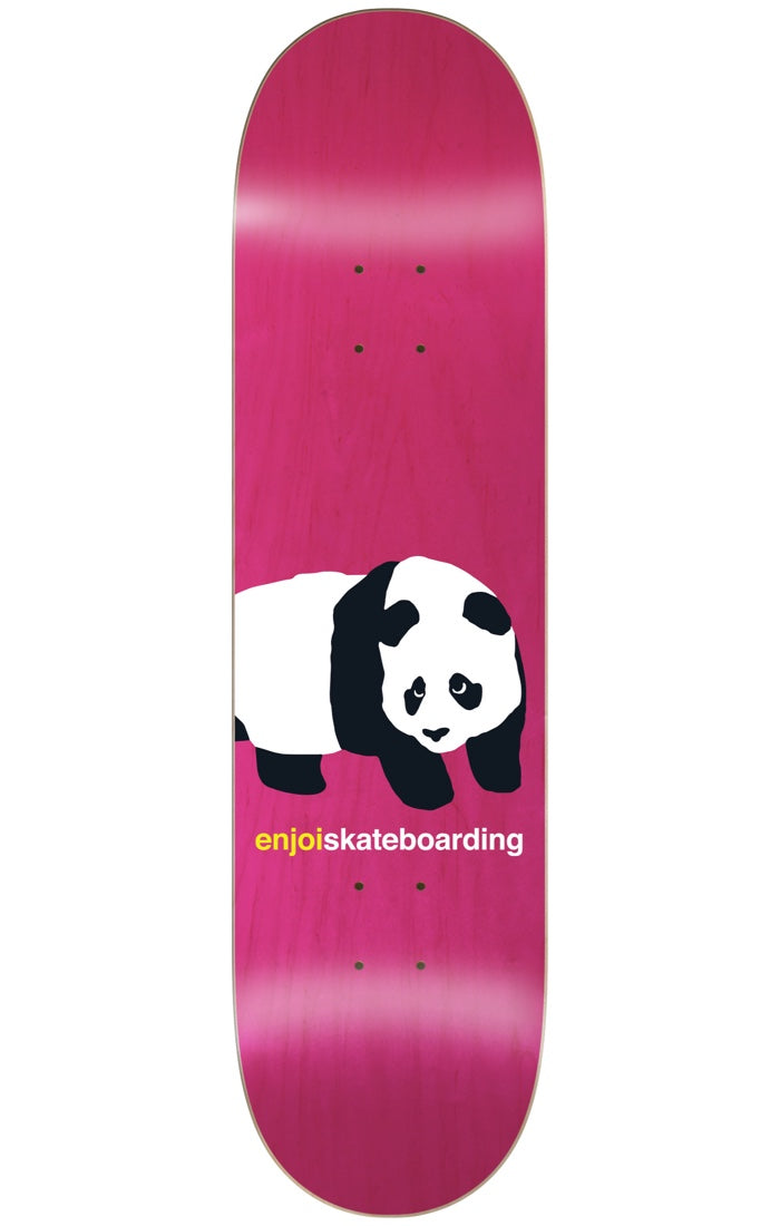 Enjoi Peekaboo Panda R7 PINK 8.5 skateboard deck: The Enjoi panda, a black and white panda looking up with a shy expression, sits on a pink stained deck. The brand name runs in lower-case type beneath it.