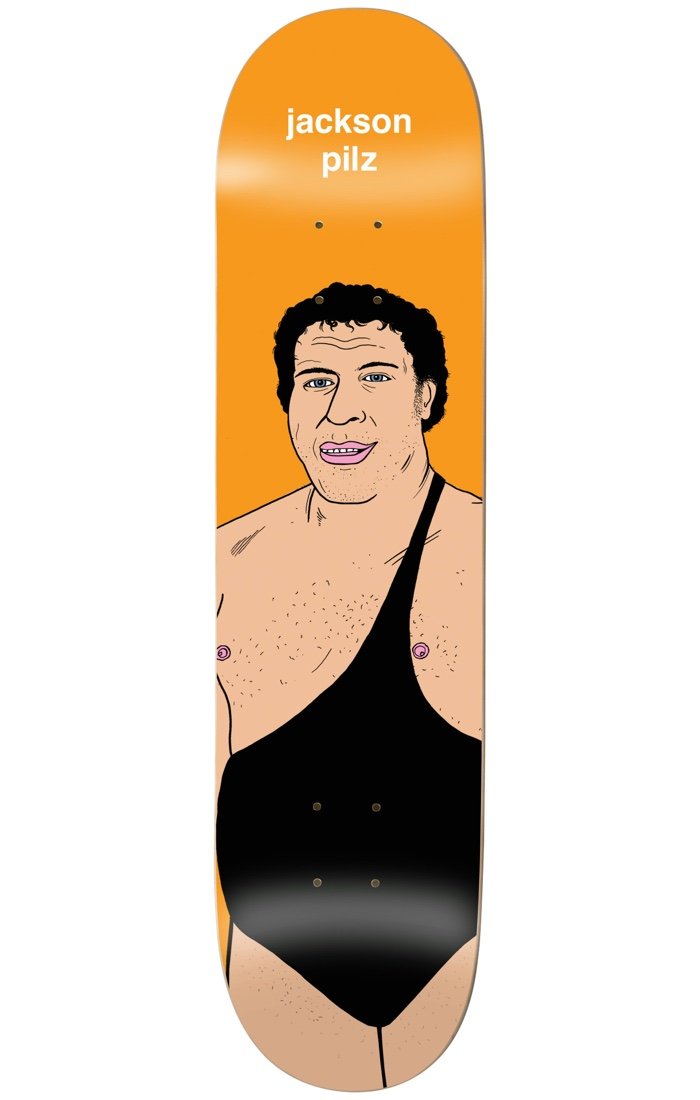 Enjoi pilz body slam skateboard deck: A flat cartoon portrait of a large, dark-haired man with a moustache-free smile, wearing a black wrestling singlet, on an orange deck with jackson pilz in white text at the top.