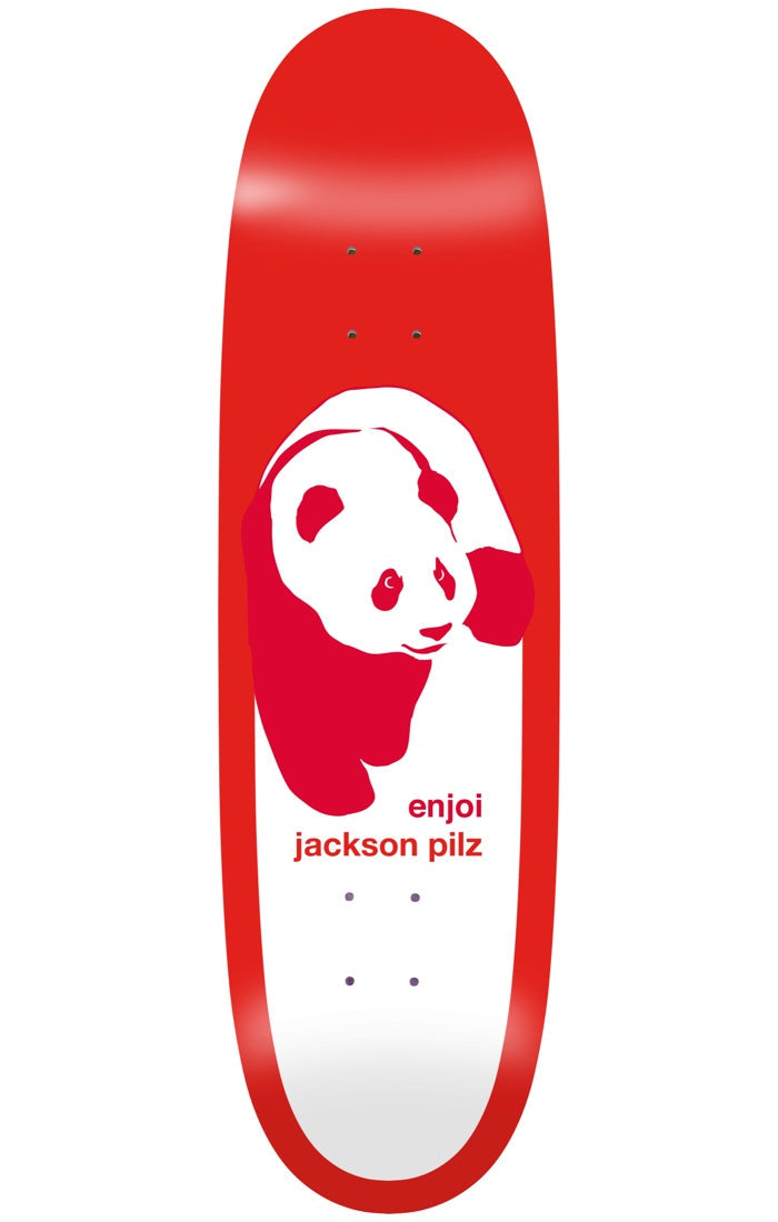 Enjoi pilz classic panda happy trees R7 8.25 & 9.125 skateboard deck: Large panda drawn in white and red on a red deck with a white lower panel, walking toward the viewer. Small red lettering beneath reads the brand and rider name.