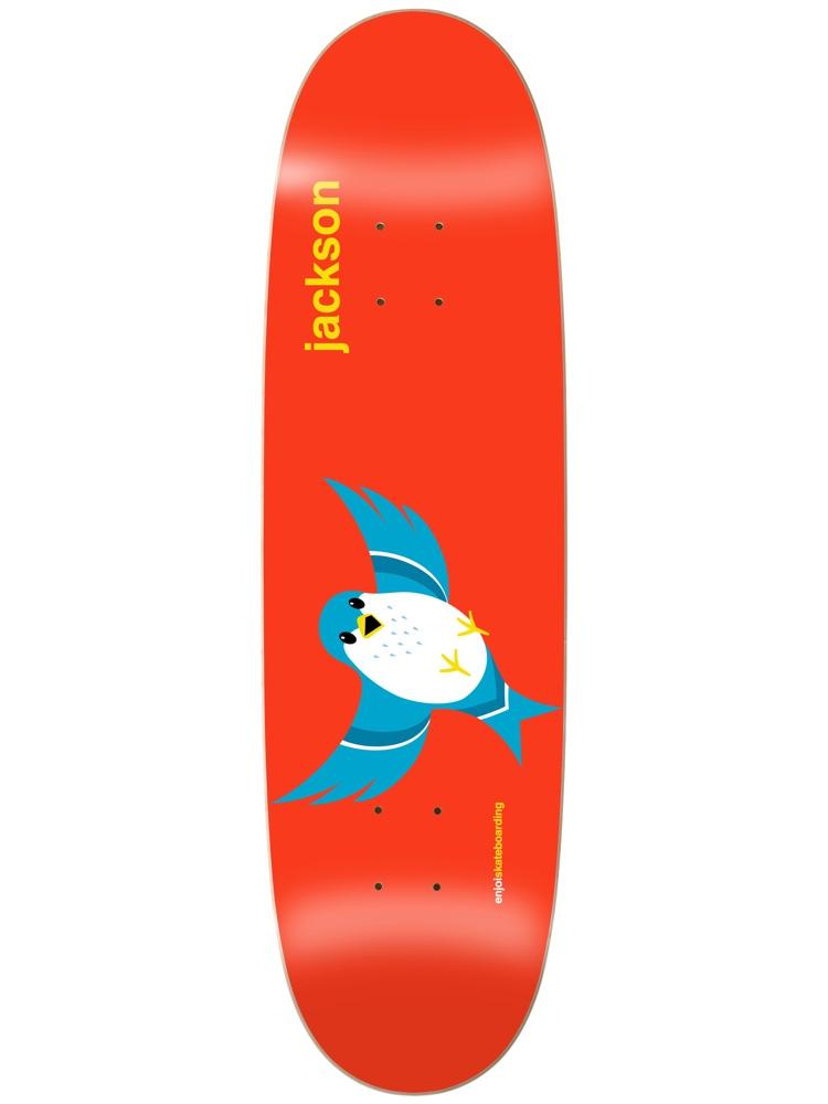 Enjoi Pilz Early Bird R7 9.125 skateboard deck: Simple flat illustration of a blue and white bird with wings spread and yellow feet on a bright orange-red deck. 'jackson' is printed in yellow near the nose and the Enjoi name along the side.