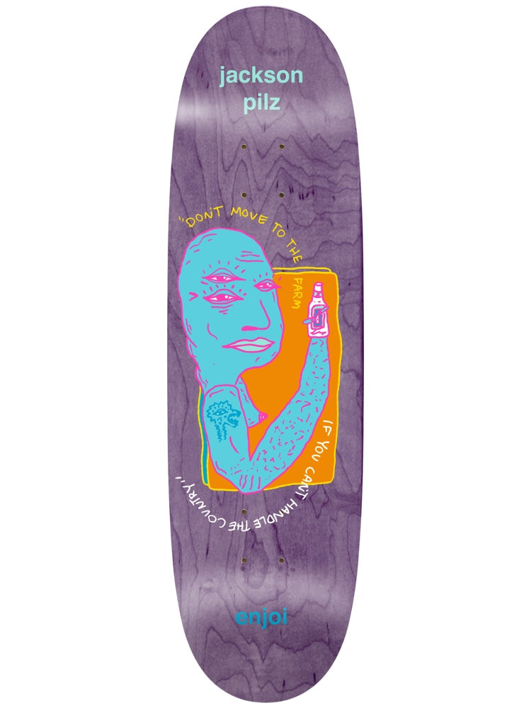 Enjoi Pilz Thirdeye R7 9.125 skateboard deck: A drawn blue man with three eyes on each side of his face and a hairy tattooed arm holding a bottle, on an orange panel, with the words 'Don't move to the farm if you can't handle the country!' curving around him on a purple wood-stained deck.