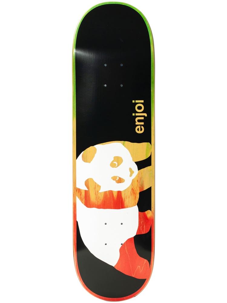 Enjoi rasta veneer skateboard deck: Black deck with a large white panda in profile, its back and legs showing a red, yellow and green rasta-coloured wood veneer fade. Small yellow 'enjoi' wordmark above.