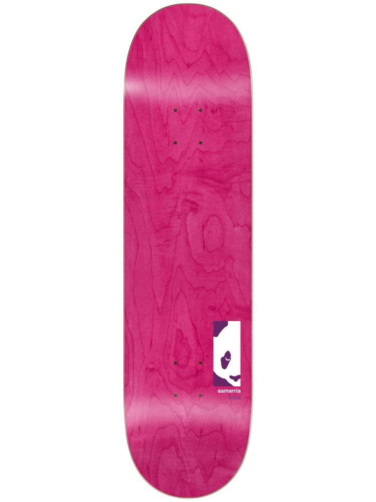 Enjoi Samarria Box Panda R7 8.25 skateboard deck: A hot pink stained deck with woodgrain showing and a small purple and white boxed panda face logo with the rider name near the tail.
