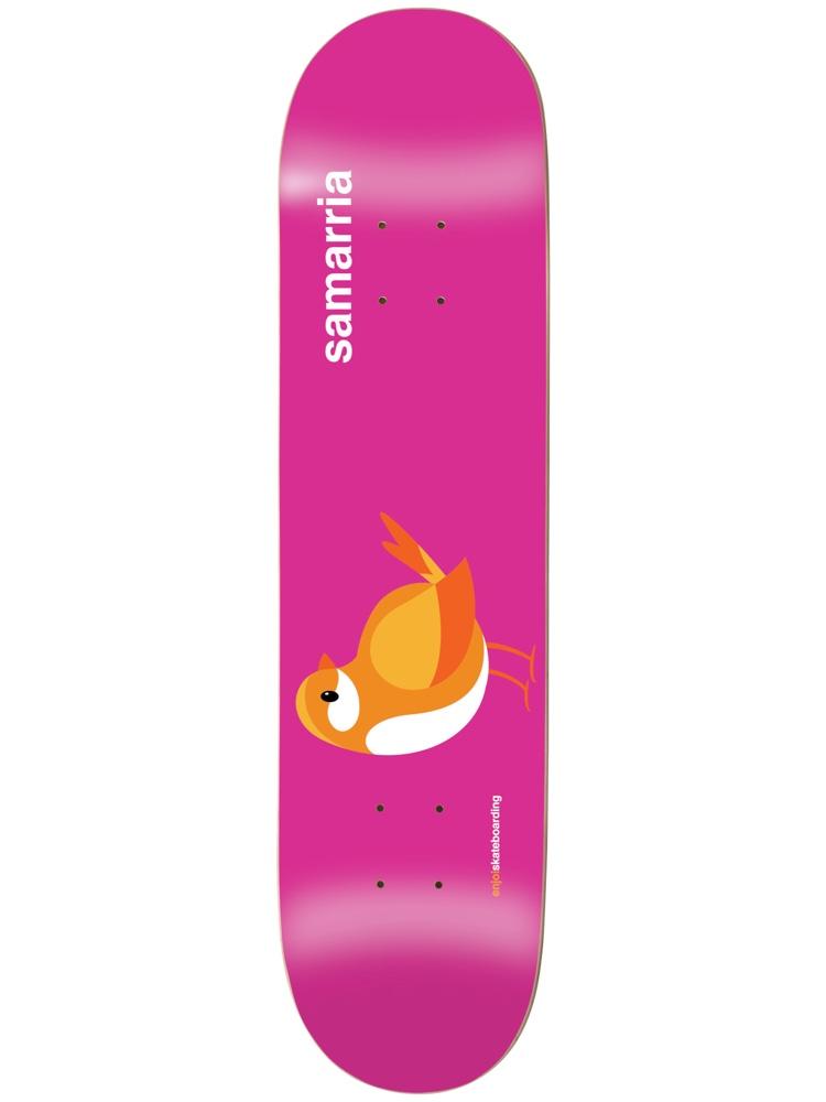 Enjoi Samarria Early Bird R7 8 skateboard deck: Hot pink deck with a simple cartoon orange and white bird in profile, rider name in white lettering at the top and small Enjoi text along the lower edge.