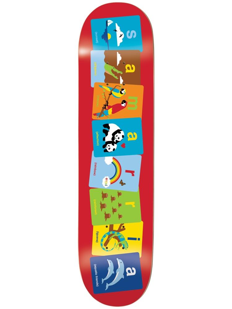 Enjoi samarria flashcards skateboard deck: Column of seven colourful flashcards spelling the rider's name letter by letter, each with a picture such as a sunset, crocodile, parrots, pandas, rainbow, iguana and dolphins, on a red deck.