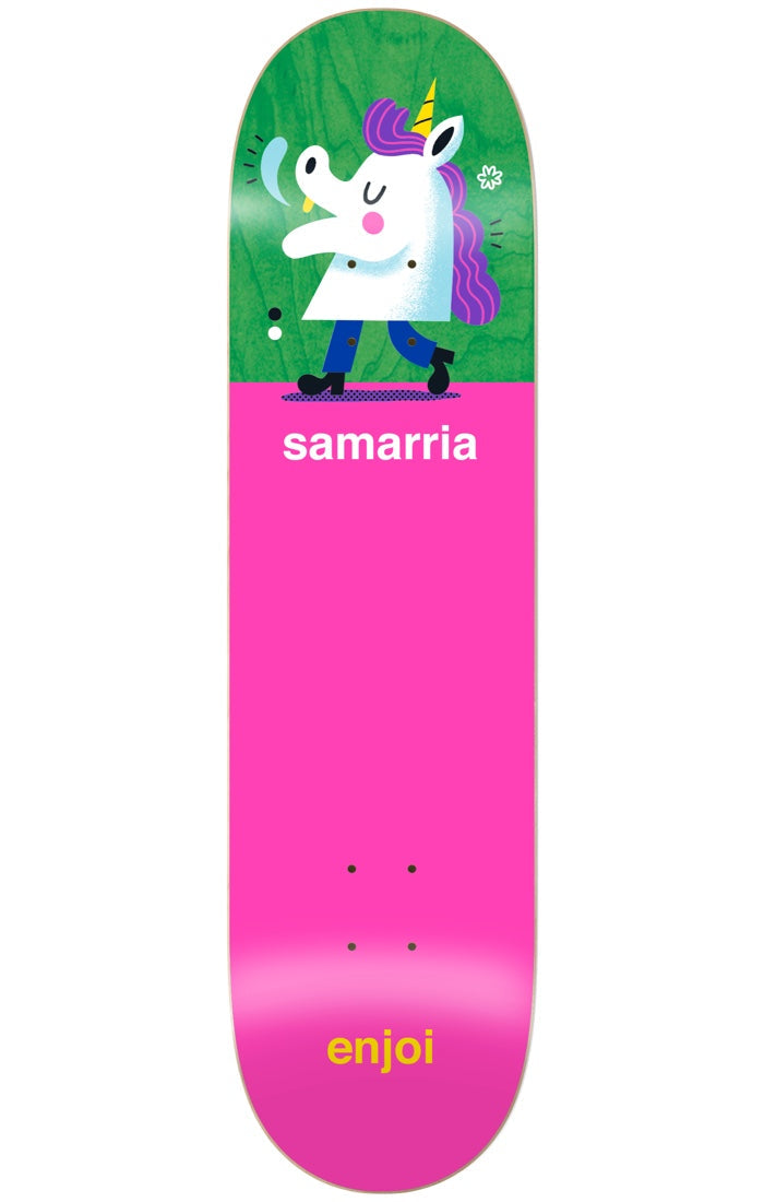 Enjoi samarria high waters R7 8.25 skateboard deck: Cartoon white unicorn head with purple mane and horn walking on human legs in blue trousers and black boots, on a green top panel above a large hot pink field. Rider name and enjoi logo in small type.