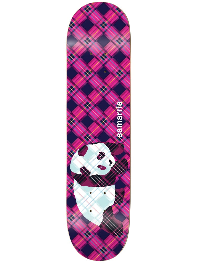 Enjoi Samarria Plaid Panda Super Sap R7 8 skateboard deck: Pink, navy and yellow tartan pattern across the whole deck, with the Enjoi panda drawn in pale blue plaid near the tail. Rider name printed vertically in white.