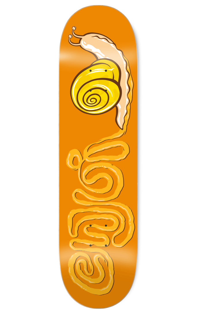 Enjoi Snail Trail HYB 7.5 skateboard deck: Yellow cartoon snail with a spiral shell leaving a looping slime trail that spells out the enjoi logo in curling script, on a plain orange deck.