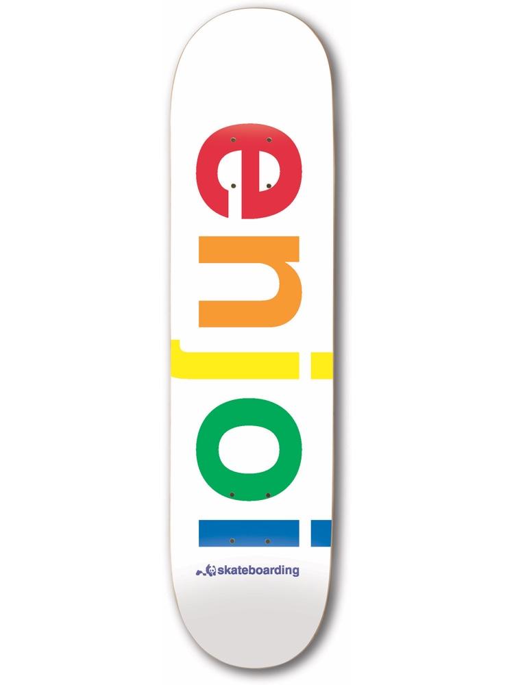 Enjoi spectrum white skateboard deck: Large lower-case logo running the length of a white deck, each letter in a different rainbow colour, with a small panda icon and wordmark at the tail.