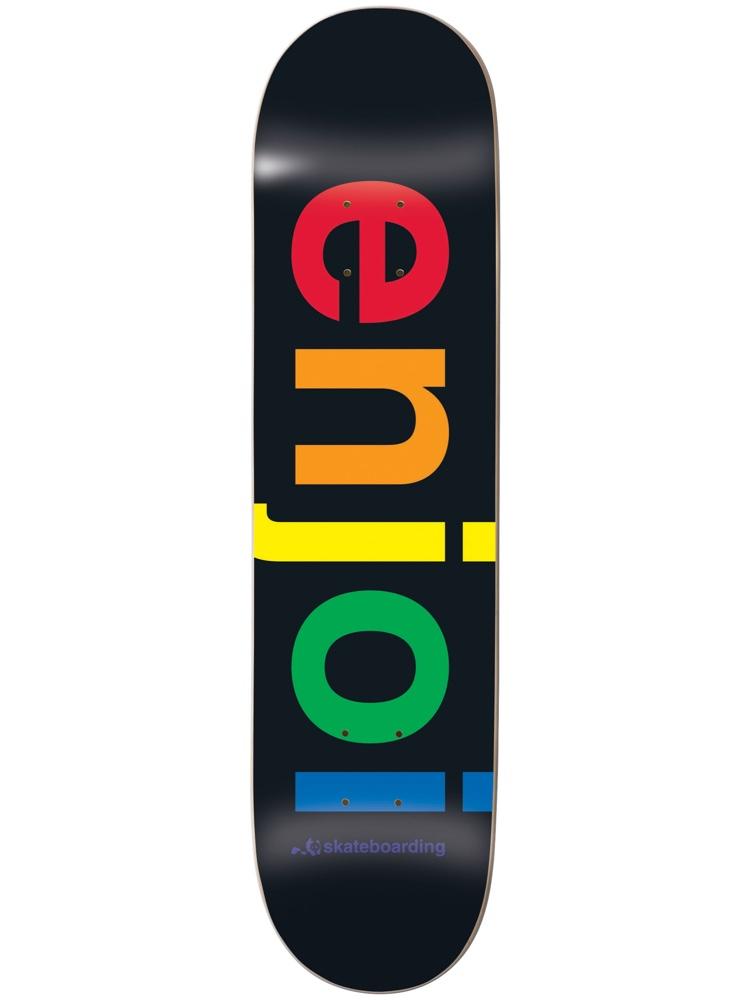 Enjoi Specturm R7 8.5 skateboard deck: Black deck with the enjoi name in large rounded lowercase letters running down the length, each letter a different colour of the spectrum, with small skateboarding text at the bottom.