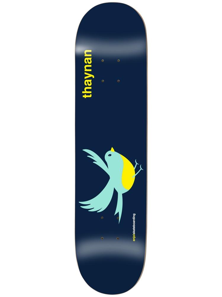 Enjoi Thaynan Early Bird R7 8 skateboard deck: A simple aqua bird with a yellow breast and raised wing flaps across a navy deck. Yellow 'thaynan' text runs vertically at the top and a small enjoi skateboarding logo sits beside the bird.
