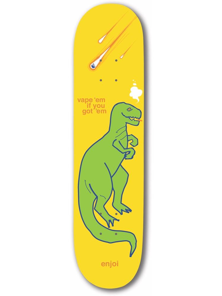 Enjoi Vapeem Yellow skateboard deck: Green cartoon T. rex vaping and puffing a cloud, with meteors streaking in from above, on a plain yellow deck with small orange slogan text and an enjoi wordmark.