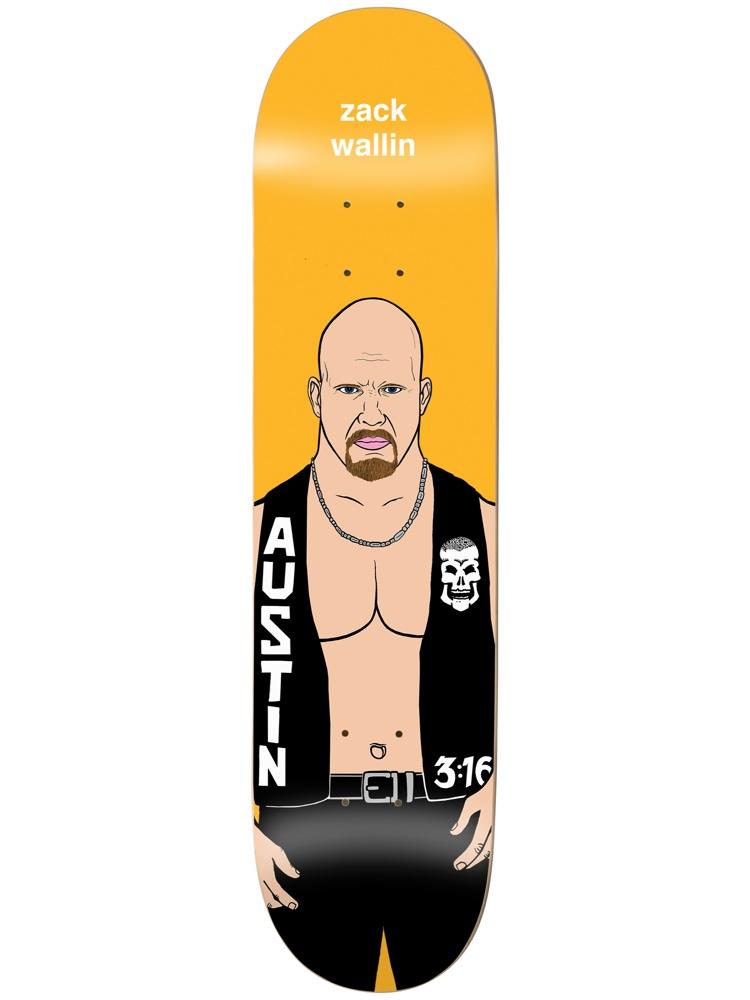 Enjoi wallin body slam skateboard deck: Cartoon portrait of a bald wrestler with a goatee, wearing an open black vest with Austin 3:16 and a skull patch, a chain necklace and black trousers, on a flat orange background. Rider name at the top.