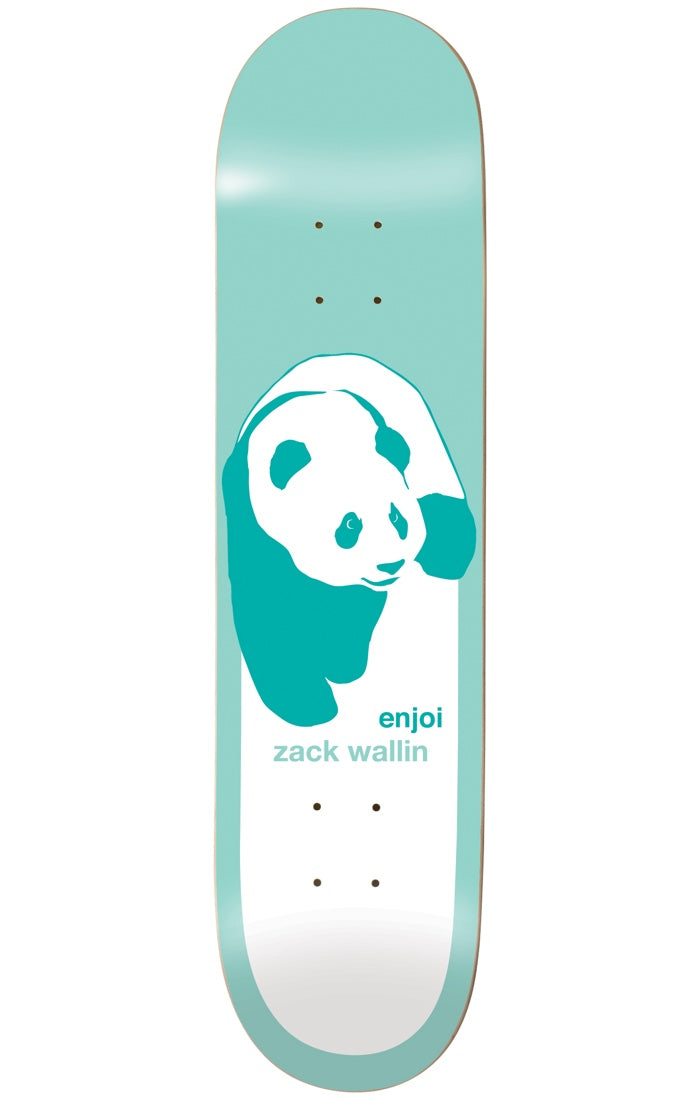 Enjoi wallin classic panda happy trees R7 8.5 & 9.0 skateboard deck: Enjoi's panda drawn in solid teal and white, walking towards the viewer, on a pale mint deck with a white lower section. Brand and rider names in teal beneath the panda.